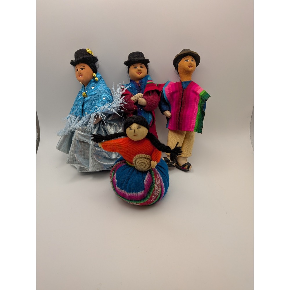 Vintage Bolivian Cloth Dolls Set of 4 Handcrafted Andean Folk Art Traditional